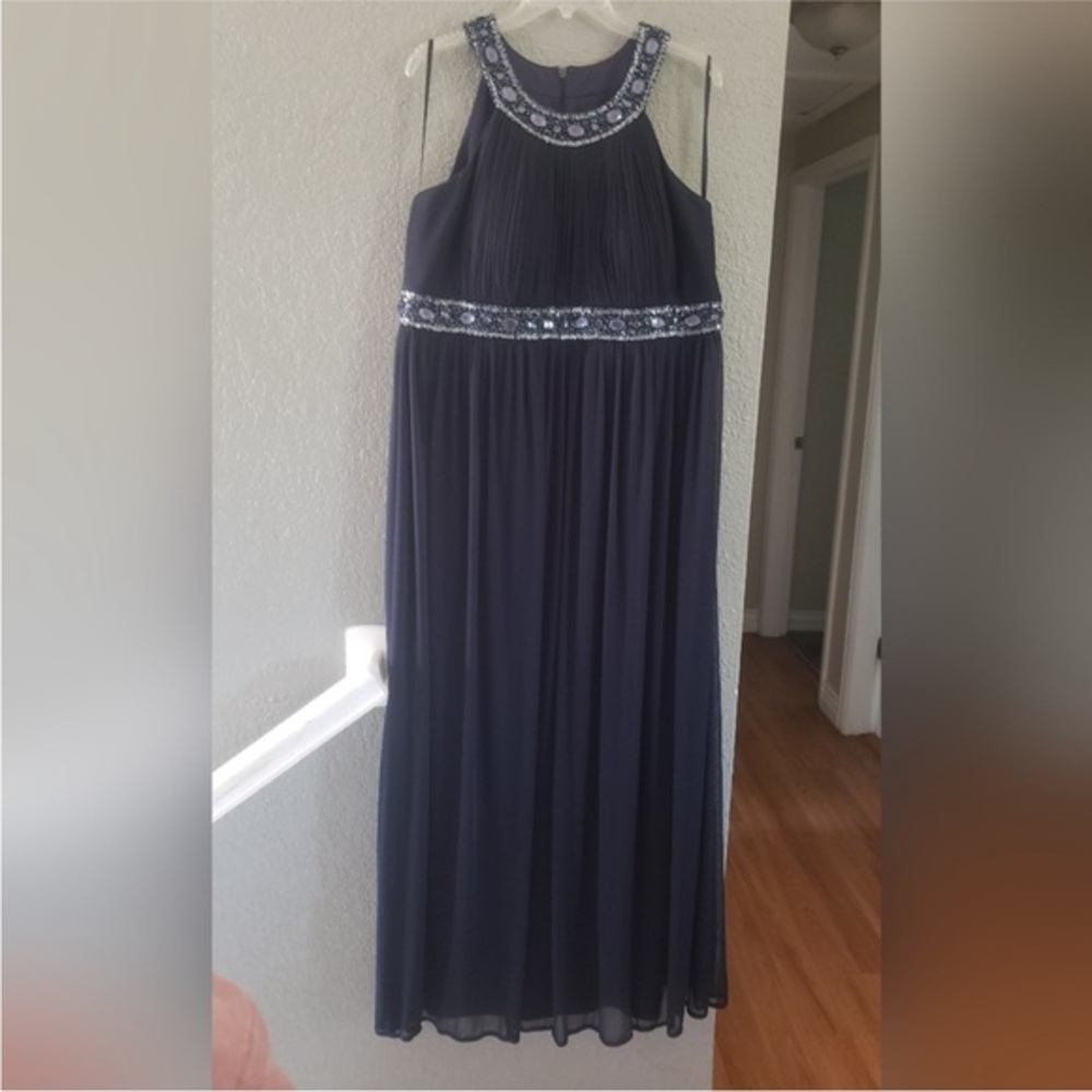 Xscape Midnight Blue Maxi Dress with Silver Accents